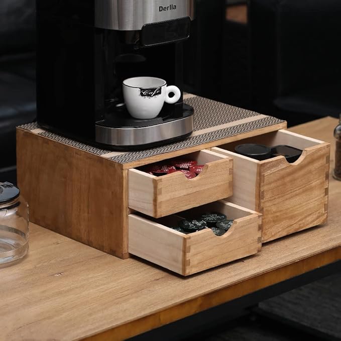 Capsules Coffee Storage Drawer for Pod K-cup Holder - Counter Organizer for Kitchen Utensil Storage - Wood Desktop Coffee Brewer Accessories Stand CF2D3C-LT