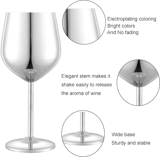 Stainless Steel Wine Glasses Set of 2, 18 oz Unbreakable Silver Wine Glass Unique Metal Wine Goblets for Outdoor Capming and Pool Gift for Wine Lovers