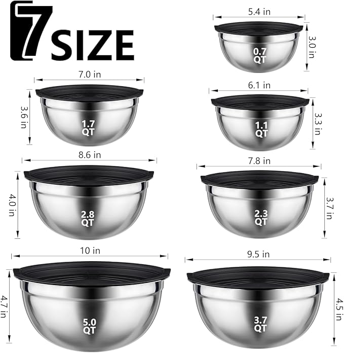 Mixing Bowls with Lids set - 25 PCS Stainless Steel Nesting Black Mixing Bowls Set for Baking, Mixing, Serving & Prepping, Size 5, 3.7, 2.8, 2.3, 1.7, 1.1, 0.7QT, 11 Cooking Utensils