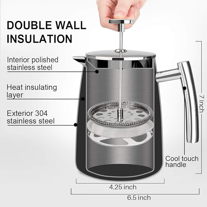 Secura French Press Coffee Maker, 17-Ounce, 304 Stainless Steel Insulated Coffee Press with Extra Screen