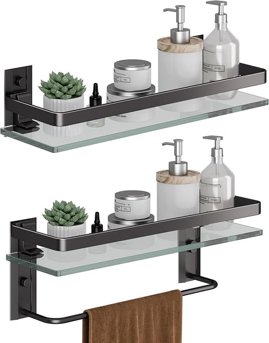 Danpoo Bathroom Shelves Wall Mounted, Clear Tempered Glass Shelf with Towel Bar, Hand Towel Holder(Matte Black)
