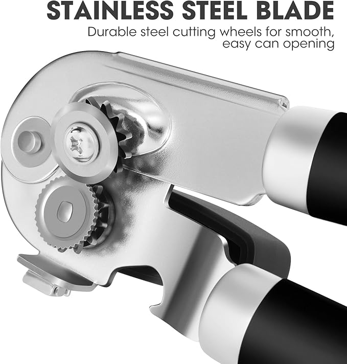 Manual Can Opener, UHIYEE Handheld Can Opener Heavy Duty with High Carbon Sharp Blade, Ease Can Open for Seniors with Comfort Grip Handles, Oversized Turn Knob, Black