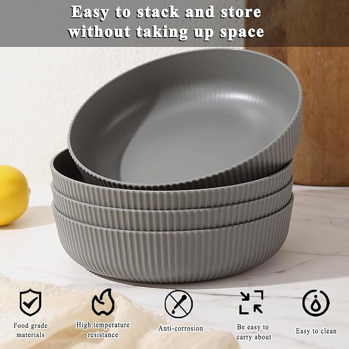 Kyraton Pasta Bowls Set of 4, 37oz Salad Bowls Soup Bowls Large Pasta Serving Bowl Plastic Unbreakable Serving Dishes Dinner Bowls (Grey)
