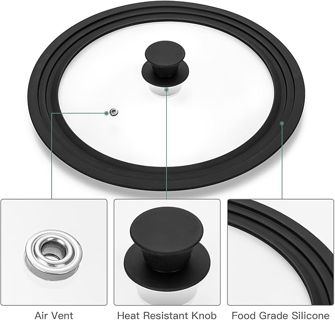 Universal Lid, Tempered Pan Lid with Heat Resistant Silicone Rim, Fits All 6" to 12" Diameter Cookware, Pots, Pans and Skillets (2PK)