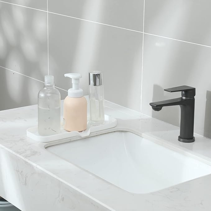 Silicone Bathroom Soap Dishes with Drain Spout-Bathroom and Kitchen Sink Organizer,Sponge Holder,Dish Soap Tray,Perfect for Dispenser,Scrubber,Bottle,Cup on Sink or Counter-White 12"×4"