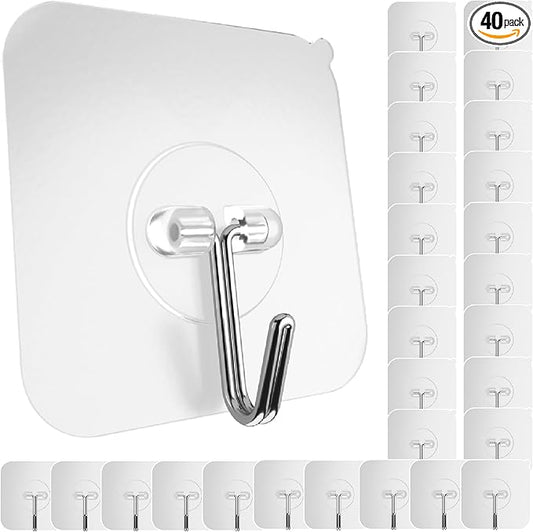 GLUIT Adhesive Wall Hooks for Hanging Heavy Duty 22 lbs Hooks for Walls No Damage, Towel Sticky Clear Hooks, Waterproof, Home, Bathroom, Kitchen, Office, and Outdoor, 40 Pack