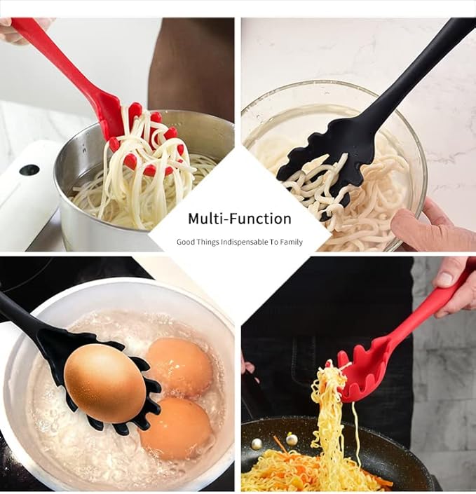 Silicone Pasta Fork (11.5"), High Heat Resistant to 480°F, Hygienic One Piece Design, Spaghetti Strainer & Server Spoon Pasta Forks (Red)