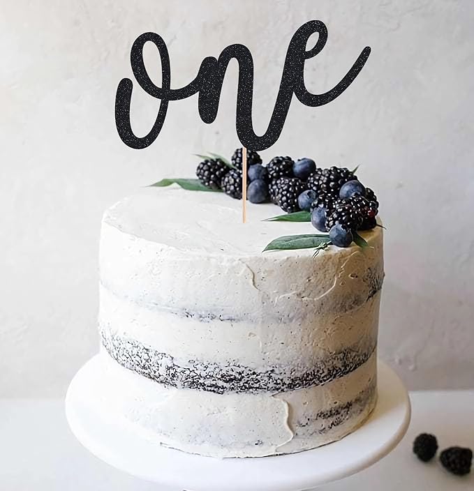 First Birthday Cake Topper - Black Glitter One Cake Decorating Supplies for Girls and Boys, Perfect for Baby Shower/Gender Revealing Party/Baby Party Photo Booth Props