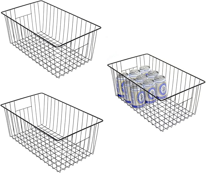 16inch Freezer Storage Organizer Baskets, Refrigerator Metal Wire Basket Bins with Handles for Kitchen, Pantry, Cabinet, Closets(Black, 3Pack)