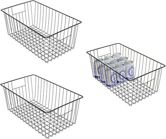 16inch Freezer Storage Organizer Baskets, Refrigerator Metal Wire Basket Bins with Handles for Kitchen, Pantry, Cabinet, Closets(Black, 3Pack)
