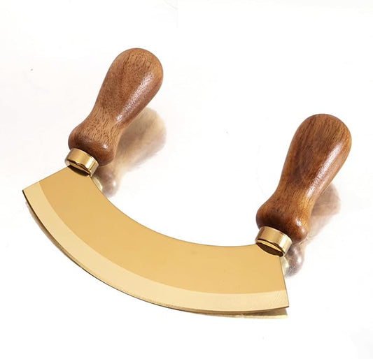 5.4 Inch Stainless Steel Mezzaluna Knife - Salad Chopper Rocker Pizza Cutter Rocker Knife Curved Blade Sharp Blade Double Acacia Wood Handle Fruit Vegetable Mincing (5.4 Inch Gold)