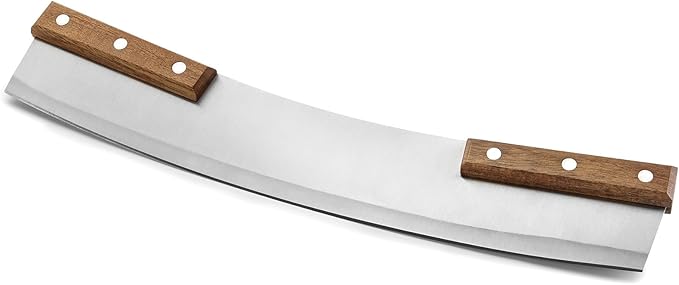 Outset Acacia Wood Handled Extra-Large Pizza Rocker with Protective Case, 13-Inch Blade, Stainless Steel