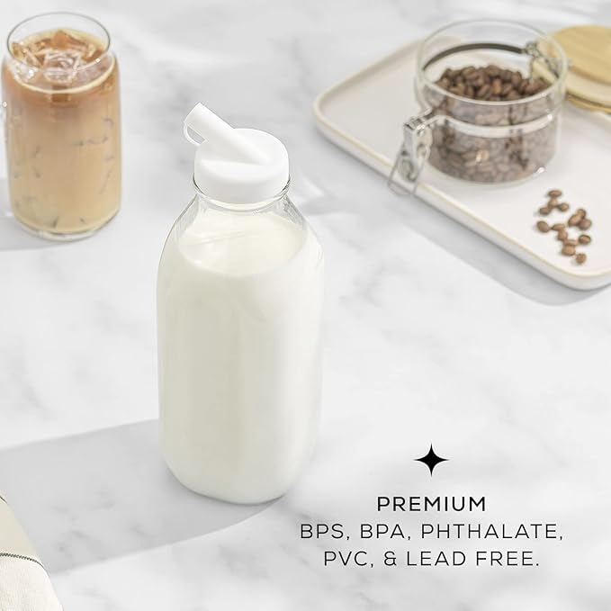 JoyJolt Glass Milk Bottles with Lids and Pourer – 32 Oz, 3 Pack Airtight Heavy Duty Reusable Glass Bottles, Leakproof, BPA-Free, Food Grade, Dishwasher Safe Jug, Pitcher for Milk, Juice, and Water