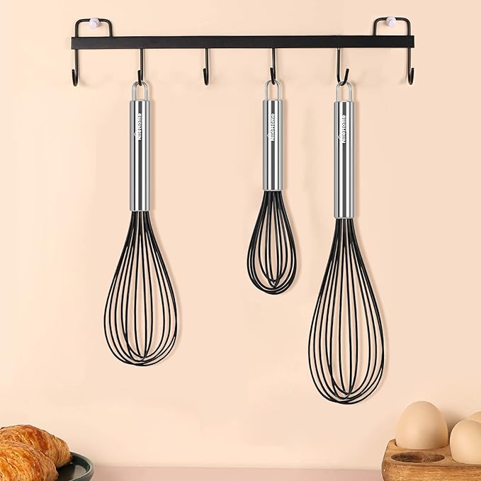 NileHome Whisk Commercial Whisks Stainless Steel & Silicone Non-Stick Coated Small Whisk Set 8" 10" 12" Kitchen Wisk Wire Whisks for Cooking 3 Pack, Black