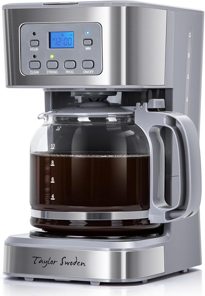 Taylor Swoden 12-Cup Programmable Coffee Maker, Regular & Strong Brew Drip Coffee Machine for Home and Office, Glass Carafe, Pause & Serve, Auto Shut Off, Gray & Stainless Steel