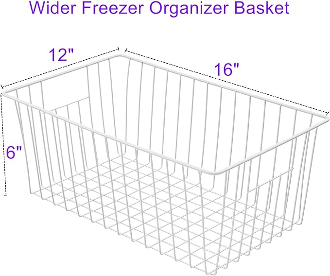 16Lx12Wx6H inch Wider Freezer Organizer Baskets Container, Refrigerator Metal Wire Storage Bins with Handles for Kitchen, Pantry, Cabinet, Closets - Pearl White（4 Packs