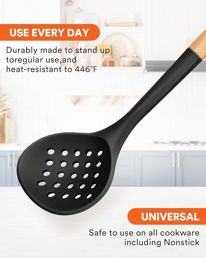 Kitchen Ladle Strainer, Large Slotted Spoon with High Heat Resistant BPA Free, Non Stick Cooking Skimmers For Draining & Frying, 13.2inch (Black & White)