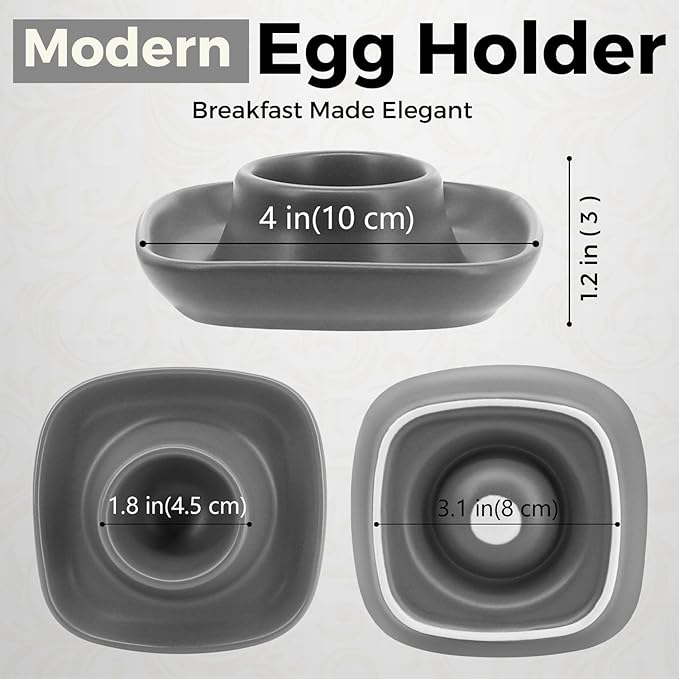 Flexzion Soft Boiled Egg Holder Set - 4-Piece Gray Ceramic Egg Cup, Stackable Egg Coddler Cups with Base for Serving, Breakfast, Brunch - Kitchen Table Decor, Gray