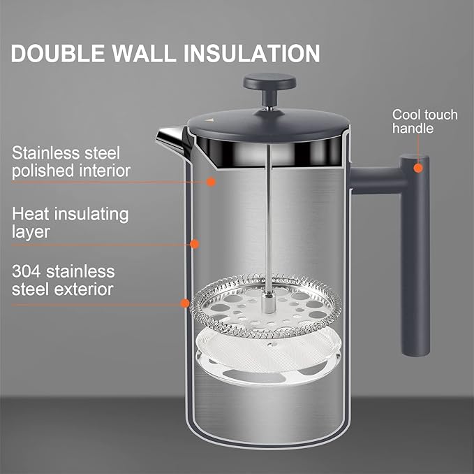 Secura French Press Coffee Maker, 304 Grade Stainless Steel Insulated Coffee Press with 2 Extra Screens, 34oz (1L), Grey
