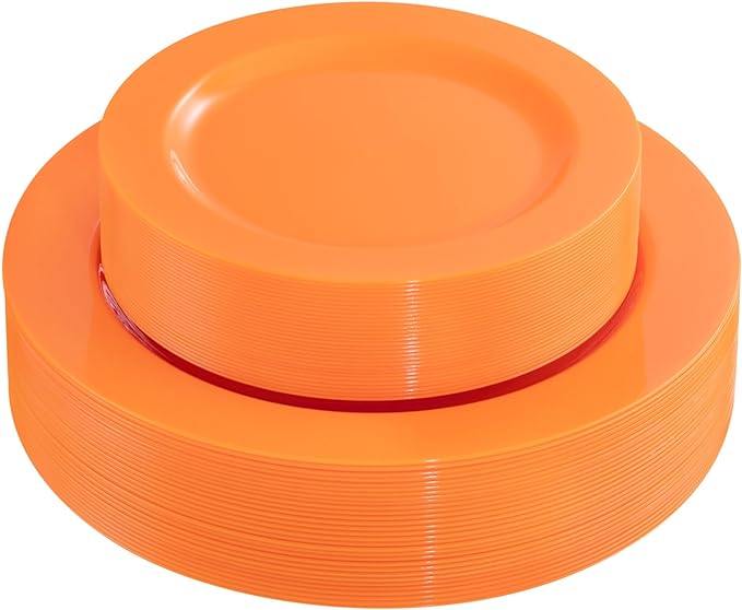 FLOWERCAT 60PCS Orange Plates - Heavy Duty Orange Plastic Plates Disposable for Halloween & Thanksgiving Party - Serve 30 Guests 10.25inch and 7.5inch