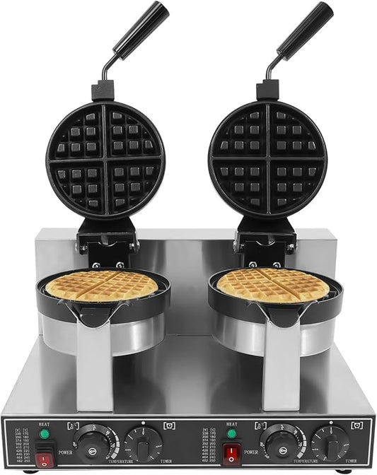 Commercial Waffle Maker,Double Head Waffle Maker Machine,2400W Non-Stick Stainless Steel Belgian Waffle Iron with Temp and Time Control for Restaurant
