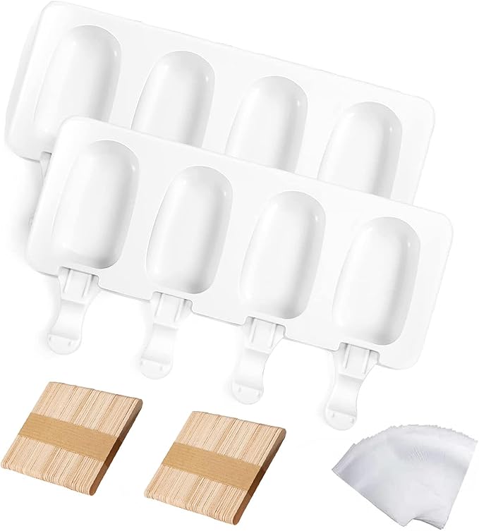 2 Larger Cakesicle Molds Silicone with 100 Wooden Sticks & 100 Parcel Bags, Silicone Popsicles Molds, Cake Pop Mold, Ice Pop Mold 4 Cavities DIY Ice Cream Mold
