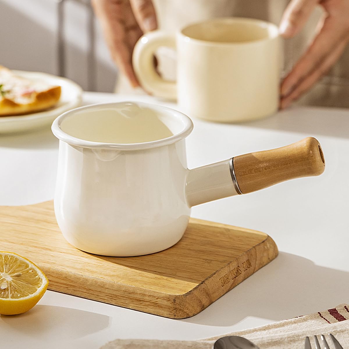 Enamel Milk Pot, Small Saucepan Milk Pot Butter Warmer 4 Inch 17 Oz Enamel Small Sauce Pan with Wooden Handle, Perfect Size for Heating Smaller Liquid Portions. (White）