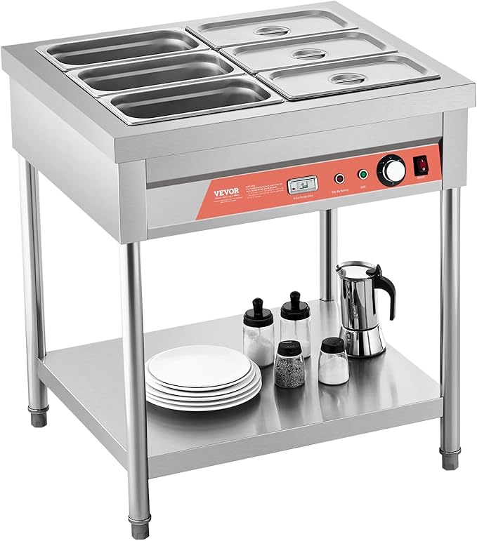 VEVOR 6-Pan Commercial Food Warmer, 6 x 1/3 Pans Electric Steam Table, 1500W Professional Buffet Catering Food Warmer with Undershelf, Stainless Steel Server for Restaurant Party Hotel