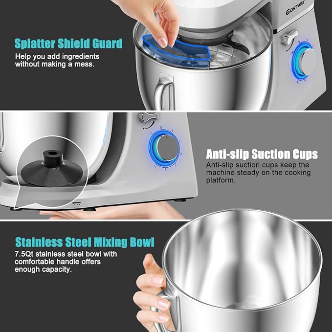 COSTWAY Stand Mixer, 6-Speed 7.5 QT Tilt-head Electric Kitchen Food Mixer 660W with Stainless Steel Bowl, Dough Hook, Beater, Whisk