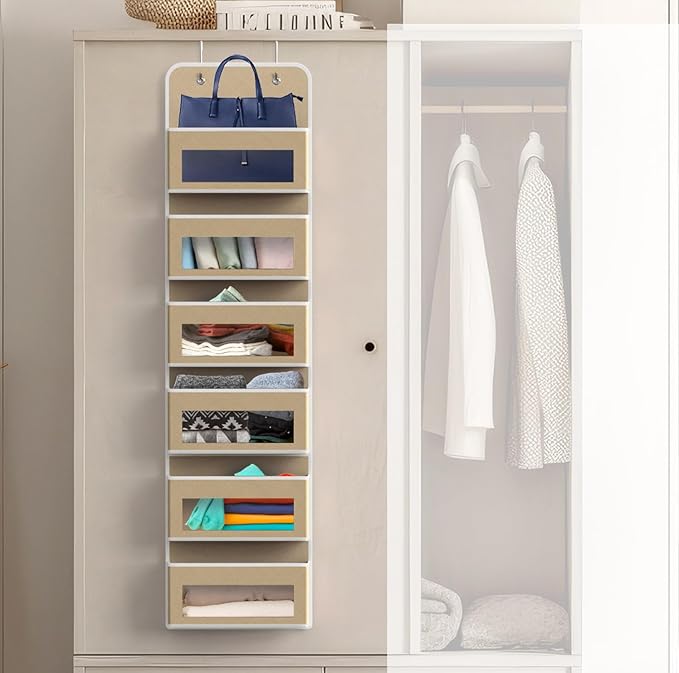 SIMPLE HOUSEWARE 6 Clear Window Pocket Over Closet Door Storage Hanging Organizer for Bedroom, Bathroom, Pantry, Beige