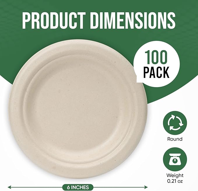 Paper Plates 6 Inches, 100 Pack Disposable Plates – 100% Compostable Plates, Water & Oil Proof Dessert Plates, Microwavable Small Paper Plates, Perfect Paper Plate For Party - Brown