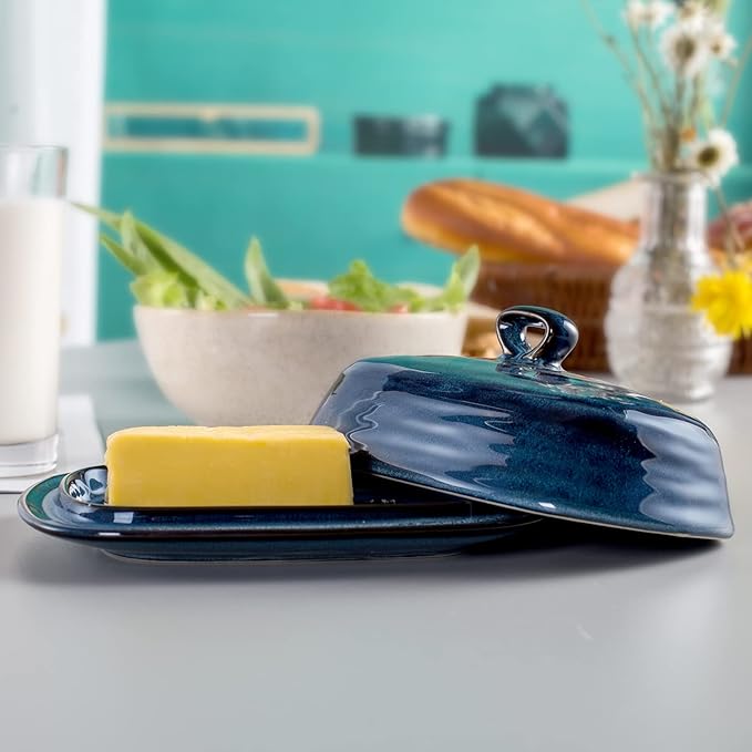 Hasense Porcelain Butter Dish with Lid, Covered Butter Container with Handle Design for Countertop, Blue