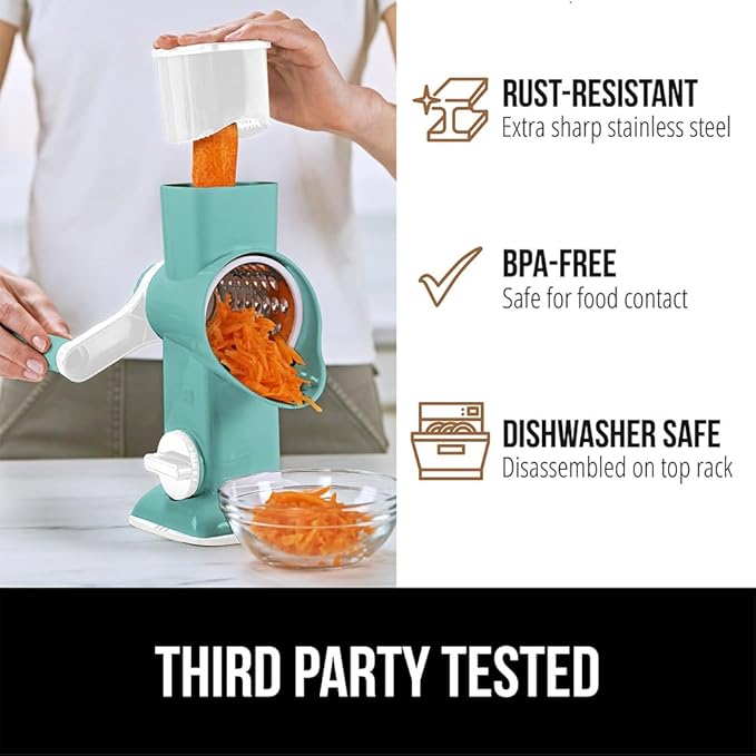 GORILLA GRIP BPA-Free Rotary Cheese Grater Hand Crank, Easy to Set Up, Strong Suction Base for Kitchen Countertop, Shred Potato, Vegetable, Nuts in Seconds, Round Mandoline Slicer, 3 Blades, Mint