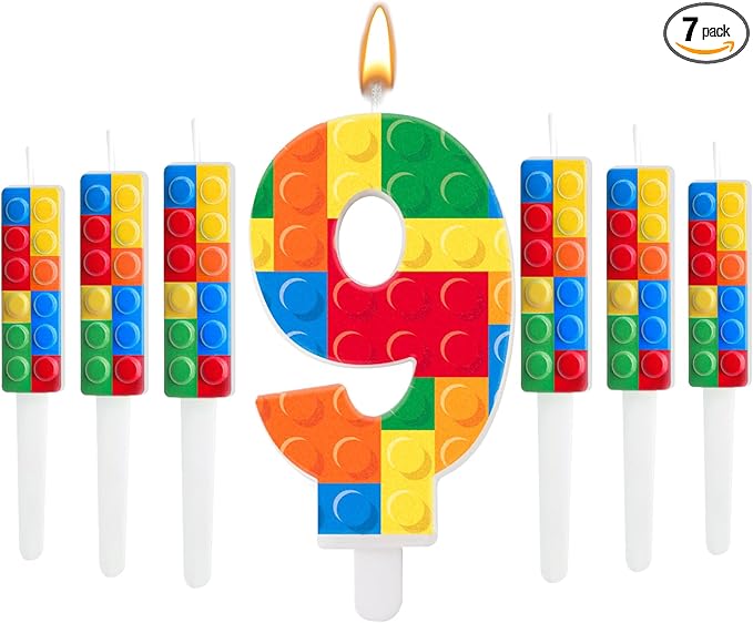 7 Pcs Building Block Themed Birthday Candles Set Building Blocks Number 9 Candle Cake Topper for Building Block Party Decoration Supplies (Number 9)