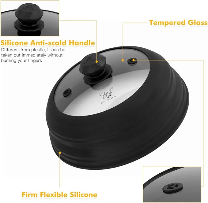 Microwave Splatter Cover Vented Glass Splatter Guard Lid with Collapsible Silicone for Food as Pot Cover 11.8 inch Large Plate for 6 7 8 9 10 11 inch Plate Bowl Black