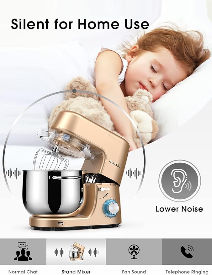 9.5 QT Double Handle KUCCU Stand Mixer, 6 Speed with Pulse Electric Kitchen Mixer, 660W Tilt-Head Food Mixer with Dishwasher-Safe Dough Hook, Flat Beater, Whisk, Splash Guard for home baking (Gold)