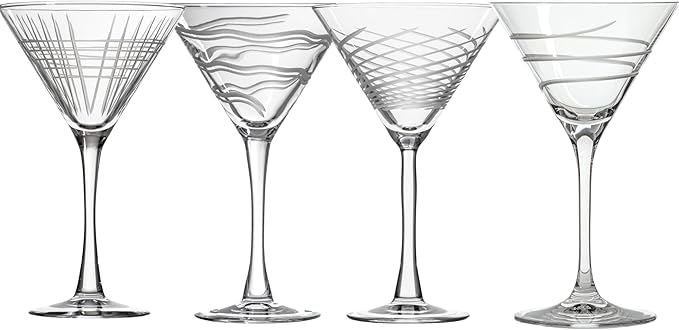 Rolf Glass Symmetry Martini Cocktail Glass | 10oz Martini Glasses | Lead-Free and Diamond-Wheel Engraved | Mixed Contemporary Designs | Proudly Made in the USA | Set of 4