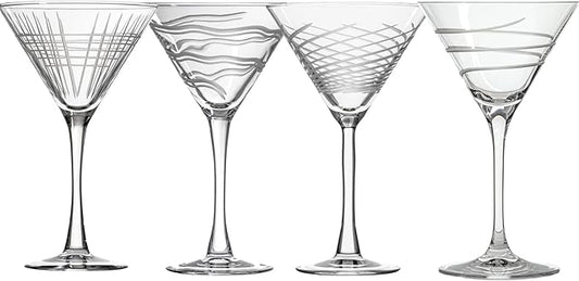 Rolf Glass Symmetry Martini Cocktail Glass | 10oz Martini Glasses | Lead-Free and Diamond-Wheel Engraved | Mixed Contemporary Designs | Proudly Made in the USA | Set of 4