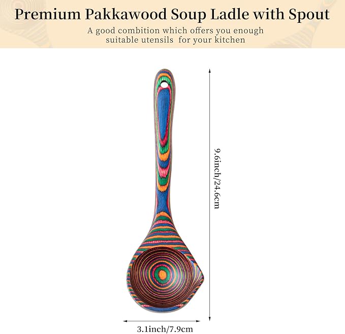 Gudamaye Pakkawood Rainbow Deep Soup Ladle with Spout, 9.6 inch Big Soup Ladle for Cooking