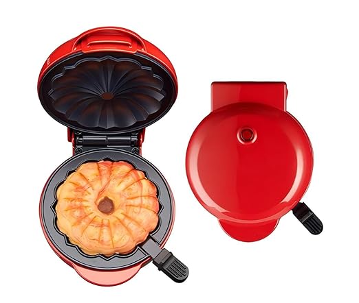 Cake Maker Machine for Lava Cake, Mini Donuts, Waffles, Pancakes - Breakfast, Snacks, Desserts - Non-stick Surface, Double-sided Heating, Red