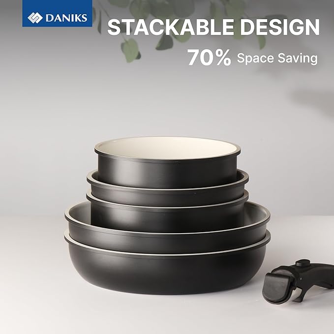 Daniks 9-Piece Nonstick Cookware Set, Ceramic Induction Pots and Pans with Detachable Silicone Handles, Oven & Dishwasher Safe, Black