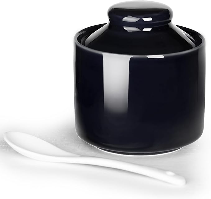 HAOTOP 8 oz Sugar Bowl with Lid and Spoon,Ceramic Sugar Jar Sugar Dispenser Sugar Container Coffee Bar Accessories, Kitchen Countertop Canisters (Black)