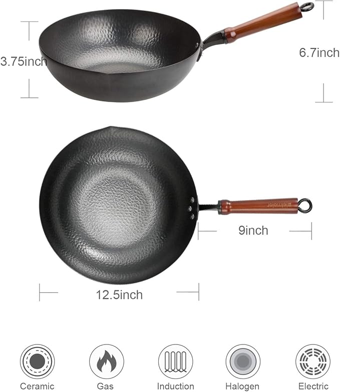 Wok Pan 12.5", Woks and Stir Fry Pans with lid, Carbon Steel Wok with Cookware Accessories, Flat Bottom Suits for all Stoves