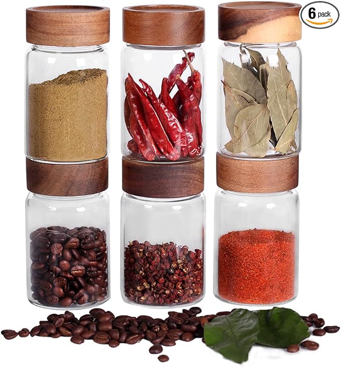 SAIOOL 6 Pcs Small Glass Spice Jars with Label,High Sealing Threaded Mouth,with Black Printed Spice Labels - 8.79oz /260ml*6,Empty Cylinder Spices Bottles,Storage Jars with Airtight Screw Lids