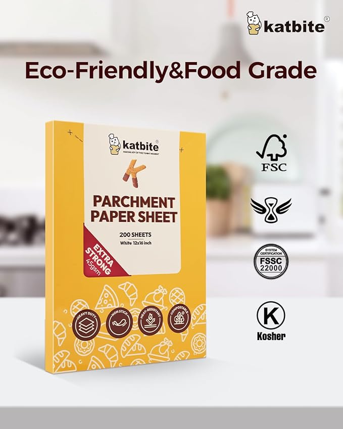 Katbite 200PCS 12x16 In Heavy Duty Flat Parchment Paper, Parchment Paper Sheets for Baking Cookies, Cooking, Frying, Air Fryer, Grilling Rack, Oven(12x16 Inch)[Advanced Series]