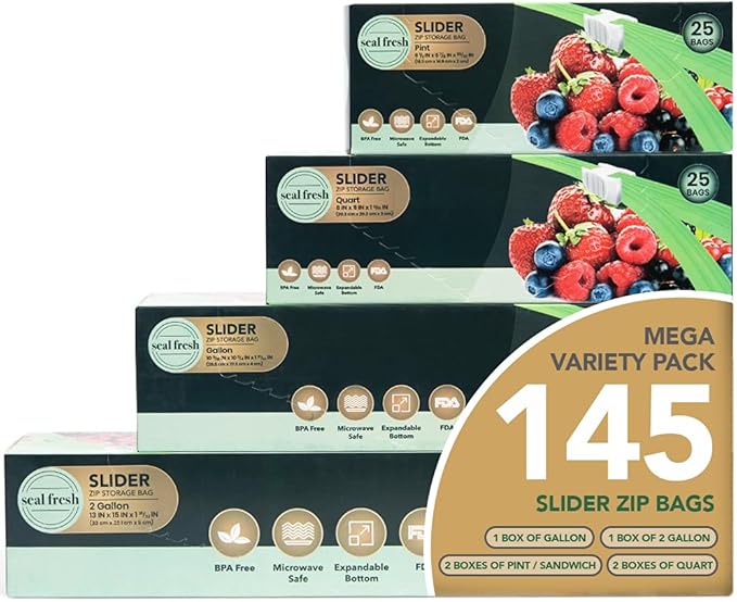 Slider Storage Bags Variety Pack 145 Count — Pint, Quart, Gallon, 2 Gallon Sizes — Expandable Bottom, BPA Free, Microwave Safe, Freezer Safe