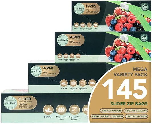 Slider Storage Bags Variety Pack 145 Count — Pint, Quart, Gallon, 2 Gallon Sizes — Expandable Bottom, BPA Free, Microwave Safe, Freezer Safe