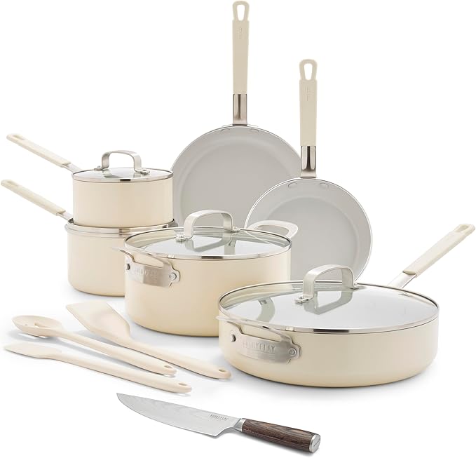 GreenPan x Bobby Flay 13 Piece Cookware Pots and Pans Set and 8" Chef's Knife. PFAS & PFOA-Free Ceramic Nonstick, Induction Suitable, Stay-Cool Silicone Handle, Dishwasher & Oven Safe, Cream