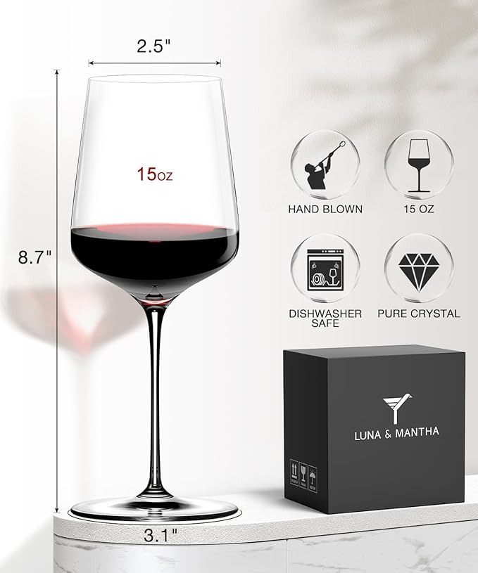 LUNA & MANTHA Wine Glasses Set of 4, 15 oz Hand Blown Crystal Red White Wine Glasses with Stem, Ideal Gift for Set, Toasting at Weddings or Birthdays