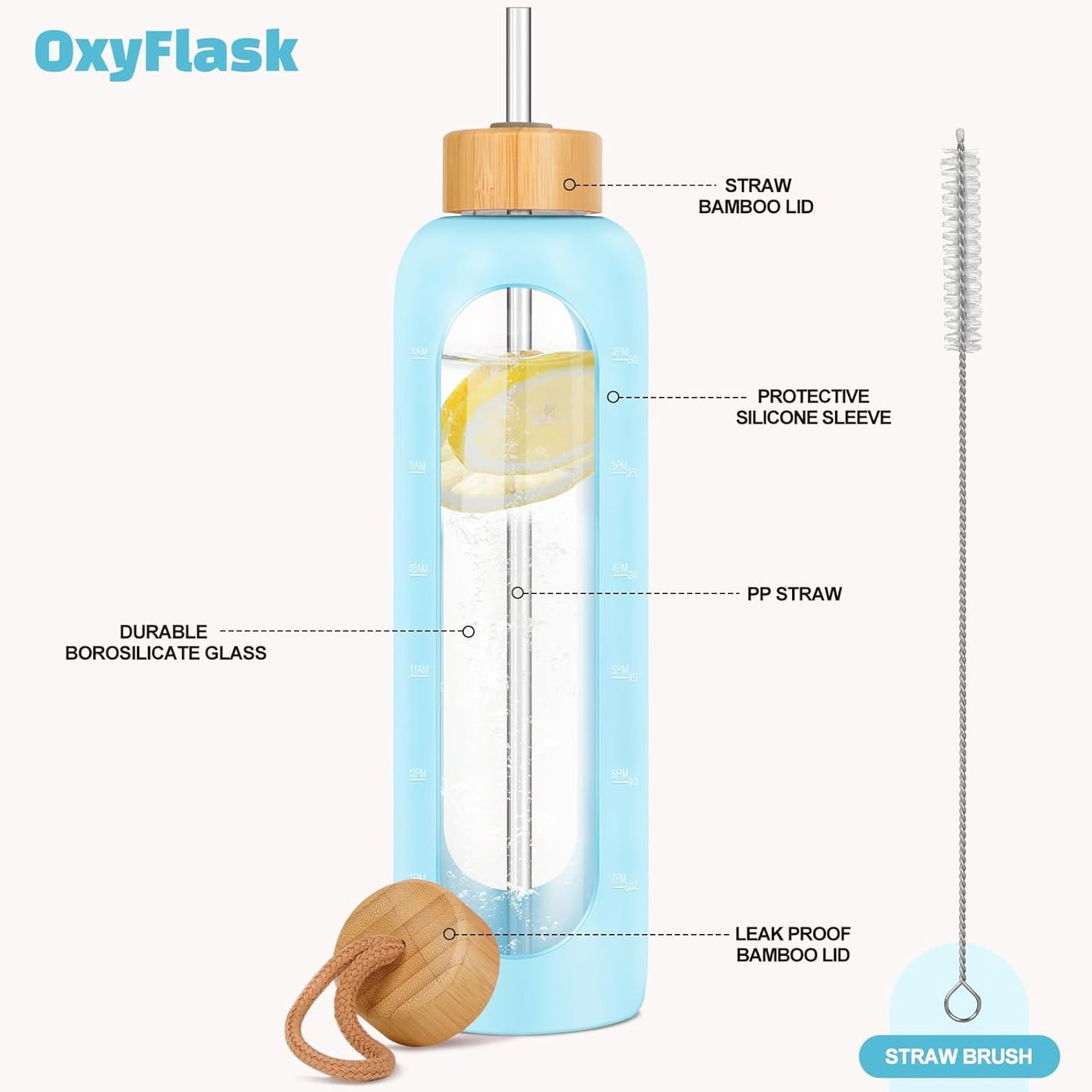 Glass Water Bottles 32 oz - Motivational Drinking Glass Water Bottle with Silicone Sleeve, Straw & 2 Bamboo Lids - 1 Liter Clear Borosilicate Daily Intake Tumbler with Time Marker - Glow in Dark